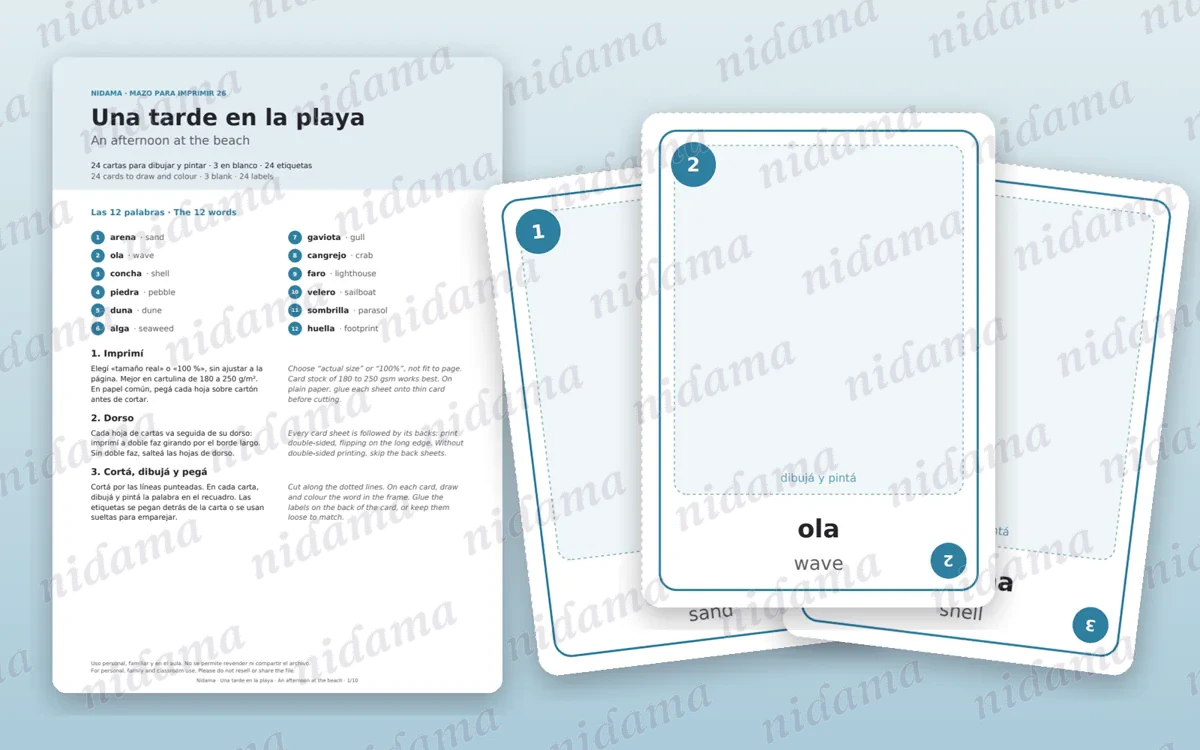 Guide and first card sheet of the An afternoon at the beach deck