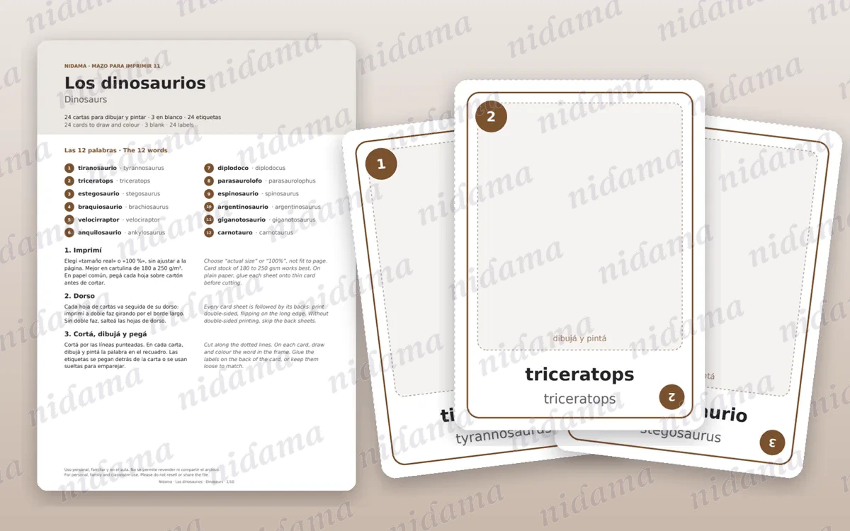 Guide and first card sheet of the Dinosaurs deck