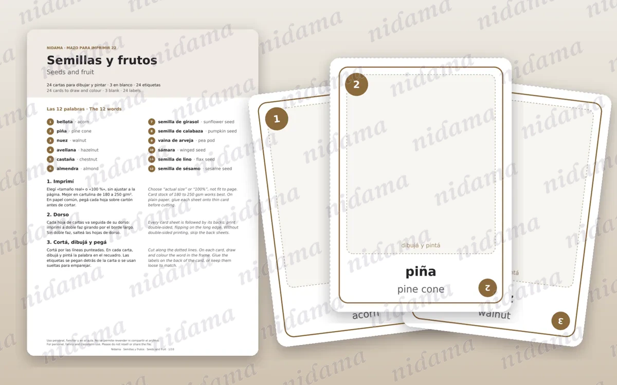 Guide and first card sheet of the Seeds and fruit deck
