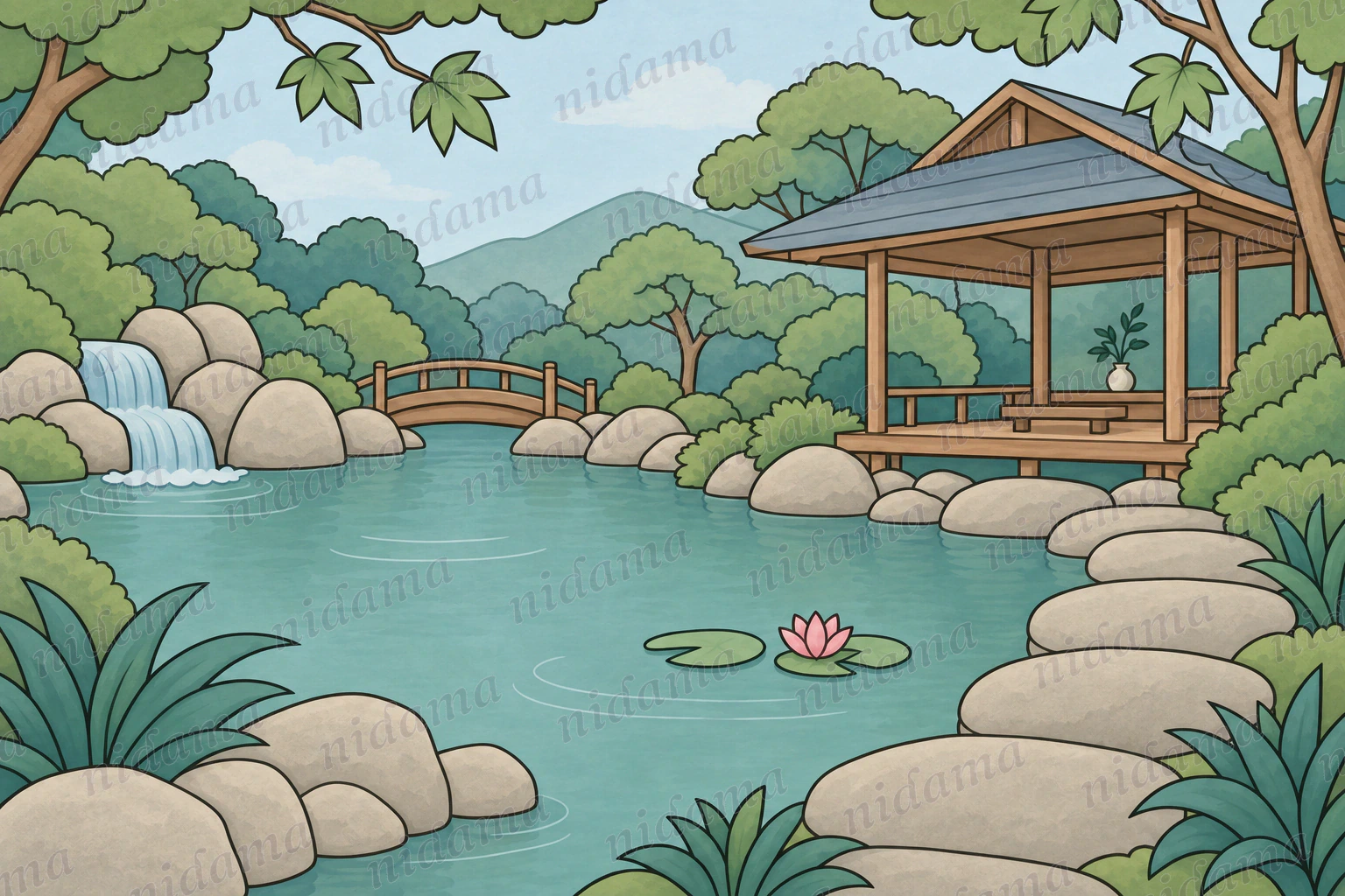 Japanese-inspired garden with a pond, path and pavilion