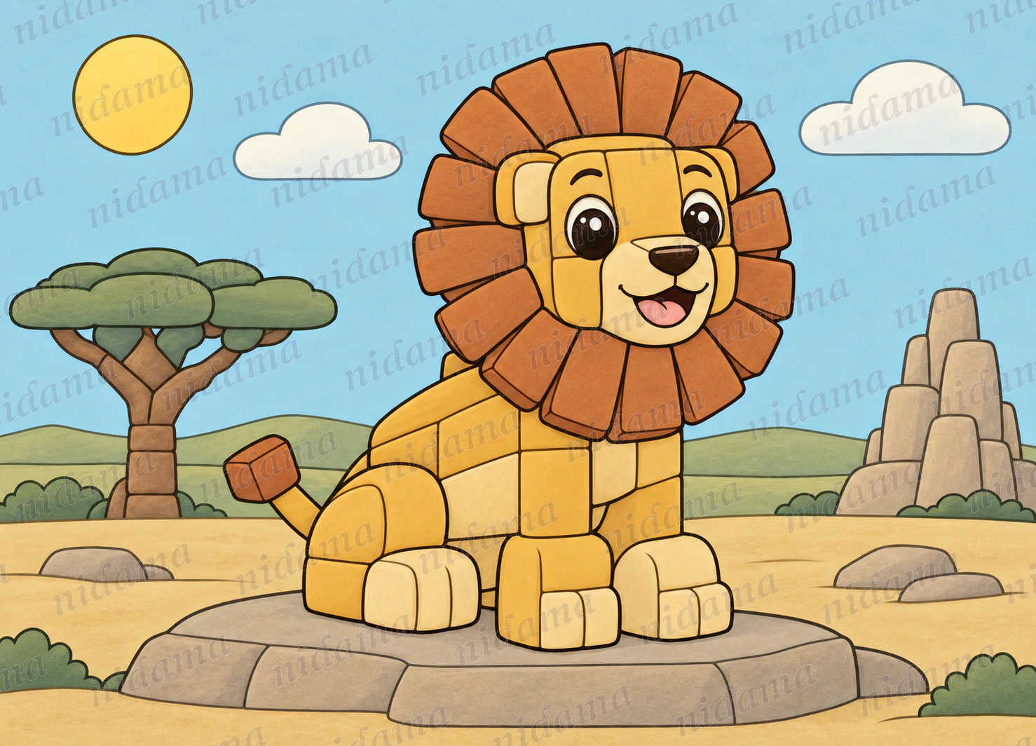 A geometric lion beside a savanna tree