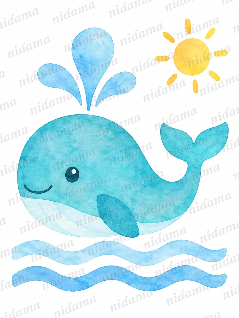A whale among waves beneath a yellow sun