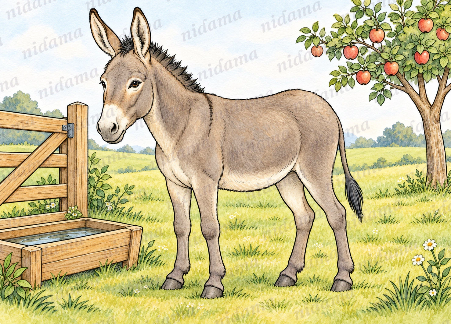 A donkey beside a water trough, a wooden gate and an apple tree