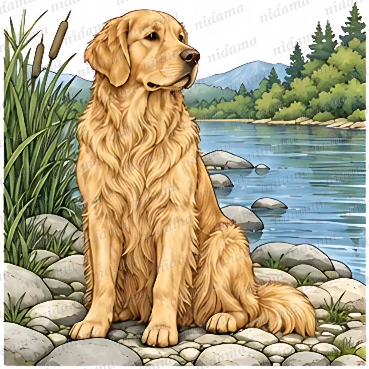 A Golden Retriever sitting on stones beside a lake