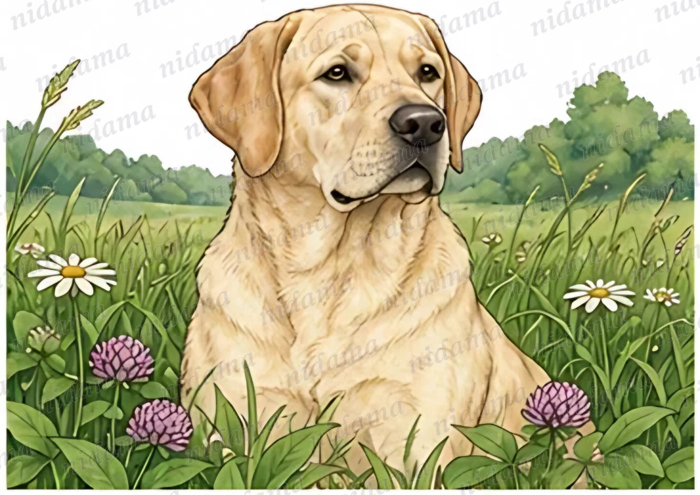 A Labrador among meadow flowers and grasses